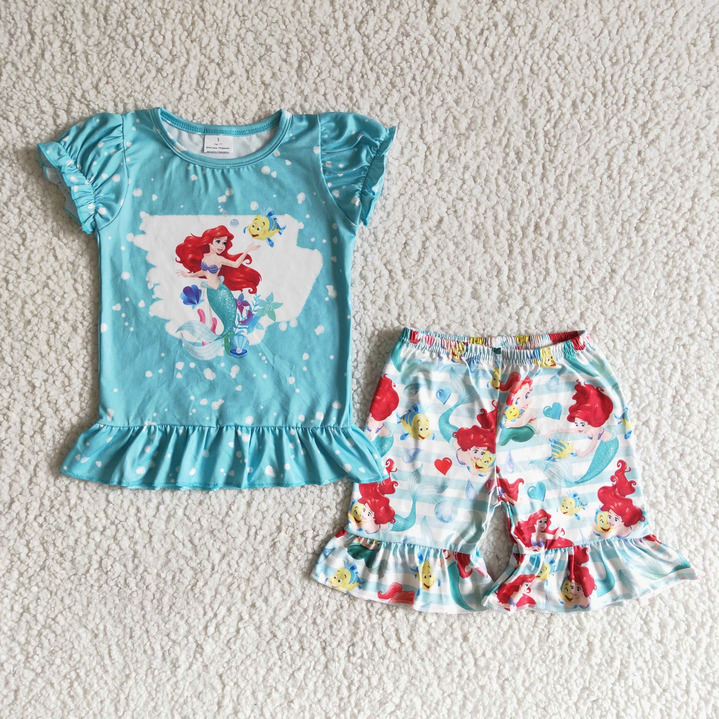 cartoon mermaid ruffles blue stripe short sleeve shorts girl outfits