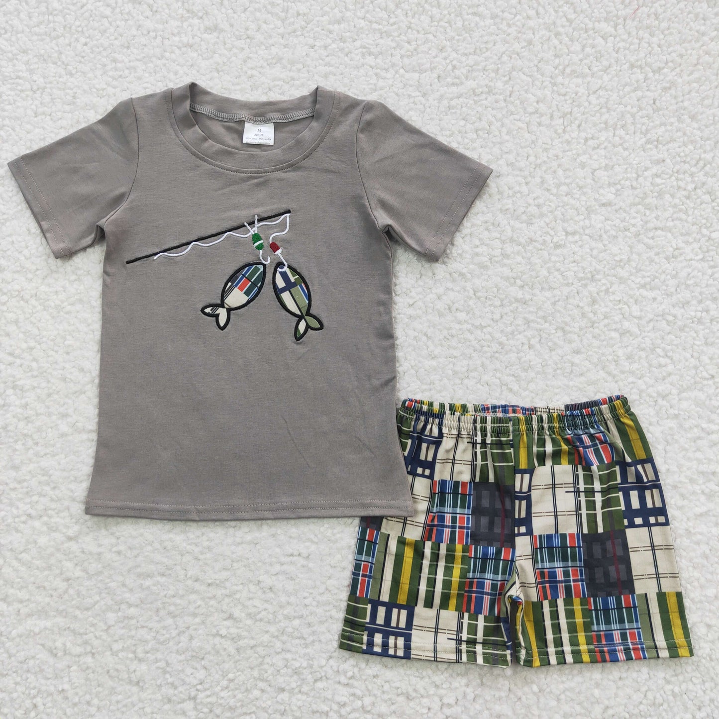 PROMOTION Fishing embroidery grey boy short sleeve shorts outfits 20230417 RTS