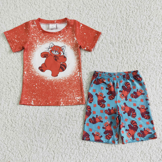 GSO0078 RTS red turning cartoon big cat turn summer boy set blue shorts boy outfits 0516