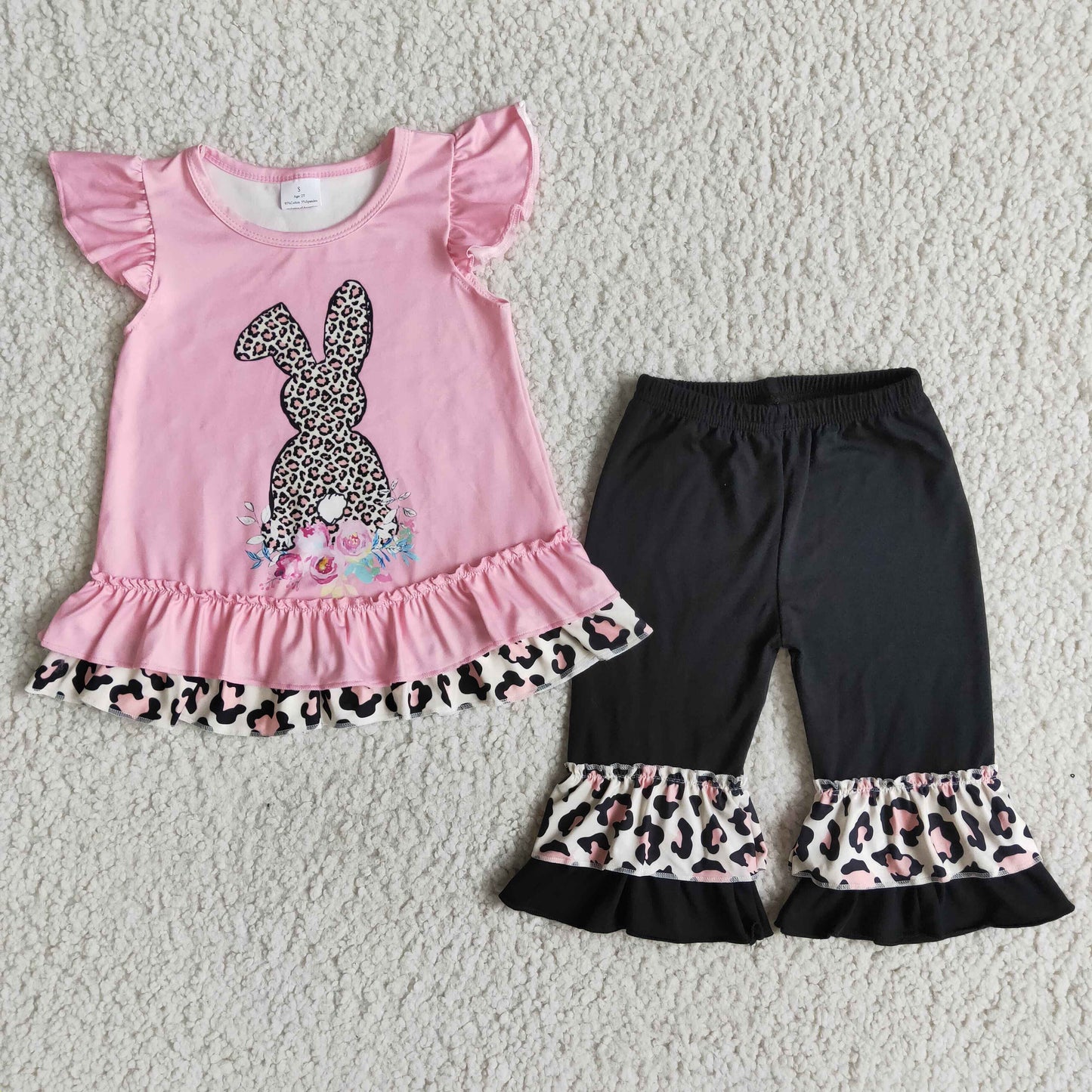 Promotion E6-17 rabbit floral leopard short sleeve Easter girl outfit 1027 RTS