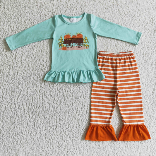 GLP0069 RTS Promotion 202410 pumpkin green orange stripes long sleeve pants girls outfits