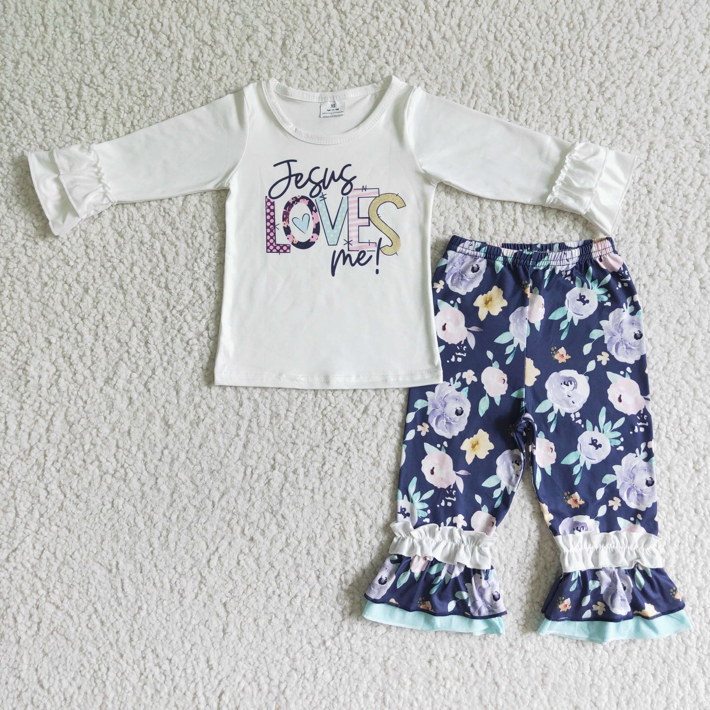 Promotion 6 A7-12 Girl white jesus love lace long sleeve blue floral pants girl outfits RTS