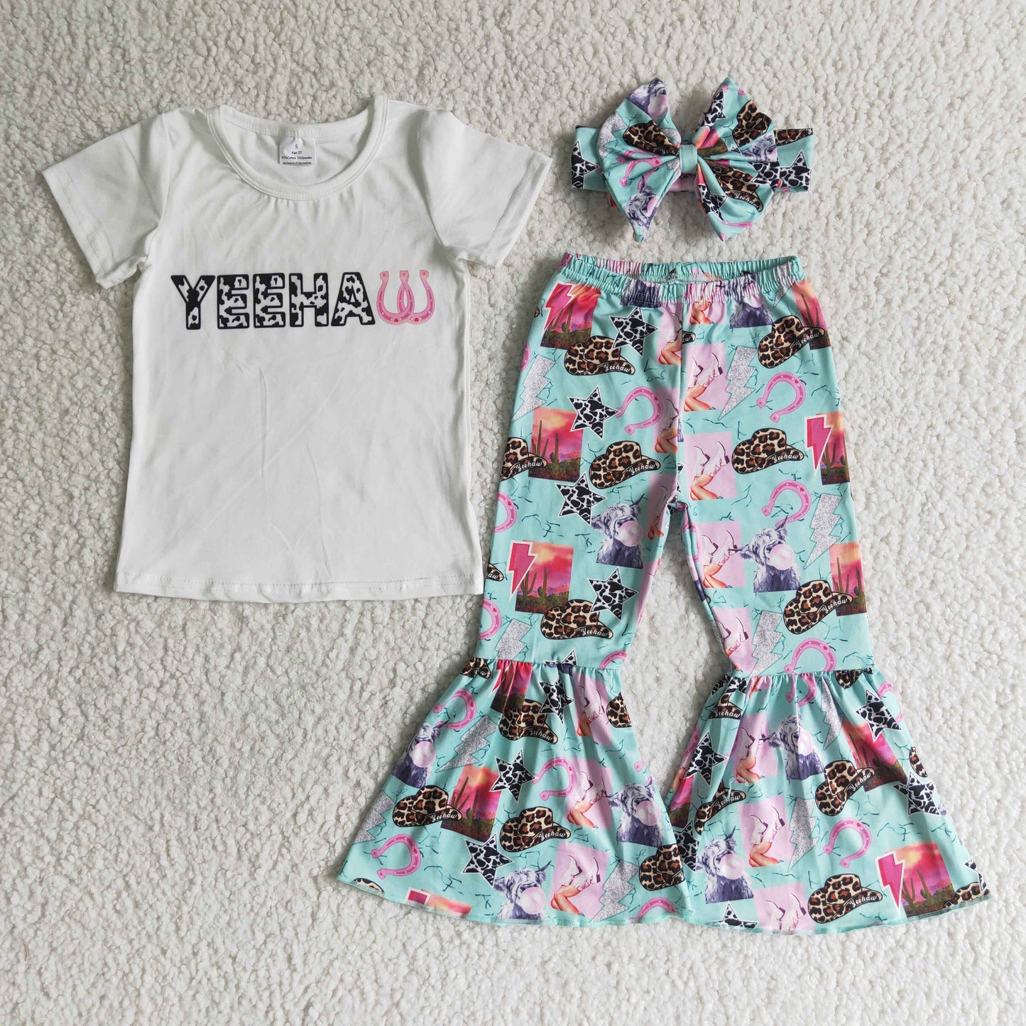 promotion 3pcs(choose headband below) yeehaw letters stars white blue short sleeve bell bottom girl outfits 0315