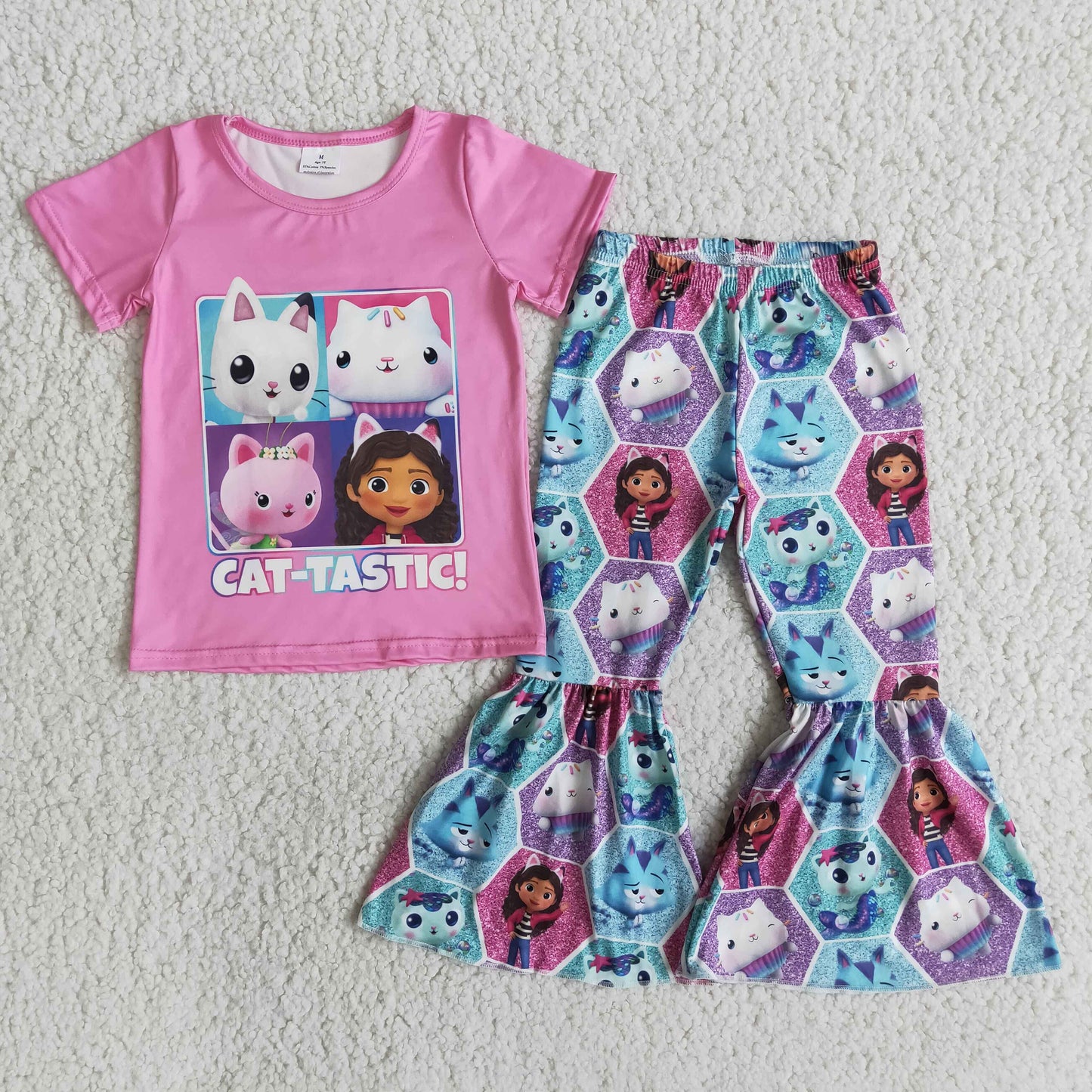 Promotion E14-11 cat-tastic letters cartoon doll pink blue short sleeve bell bottom girl outfit 20230323 RTS
