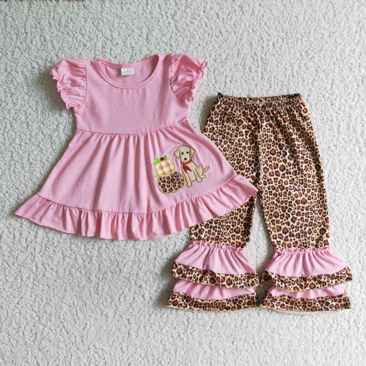RTS 0718 pink long sleeve dog orange pumpkin embroidered leopard pants girl outfit clothes