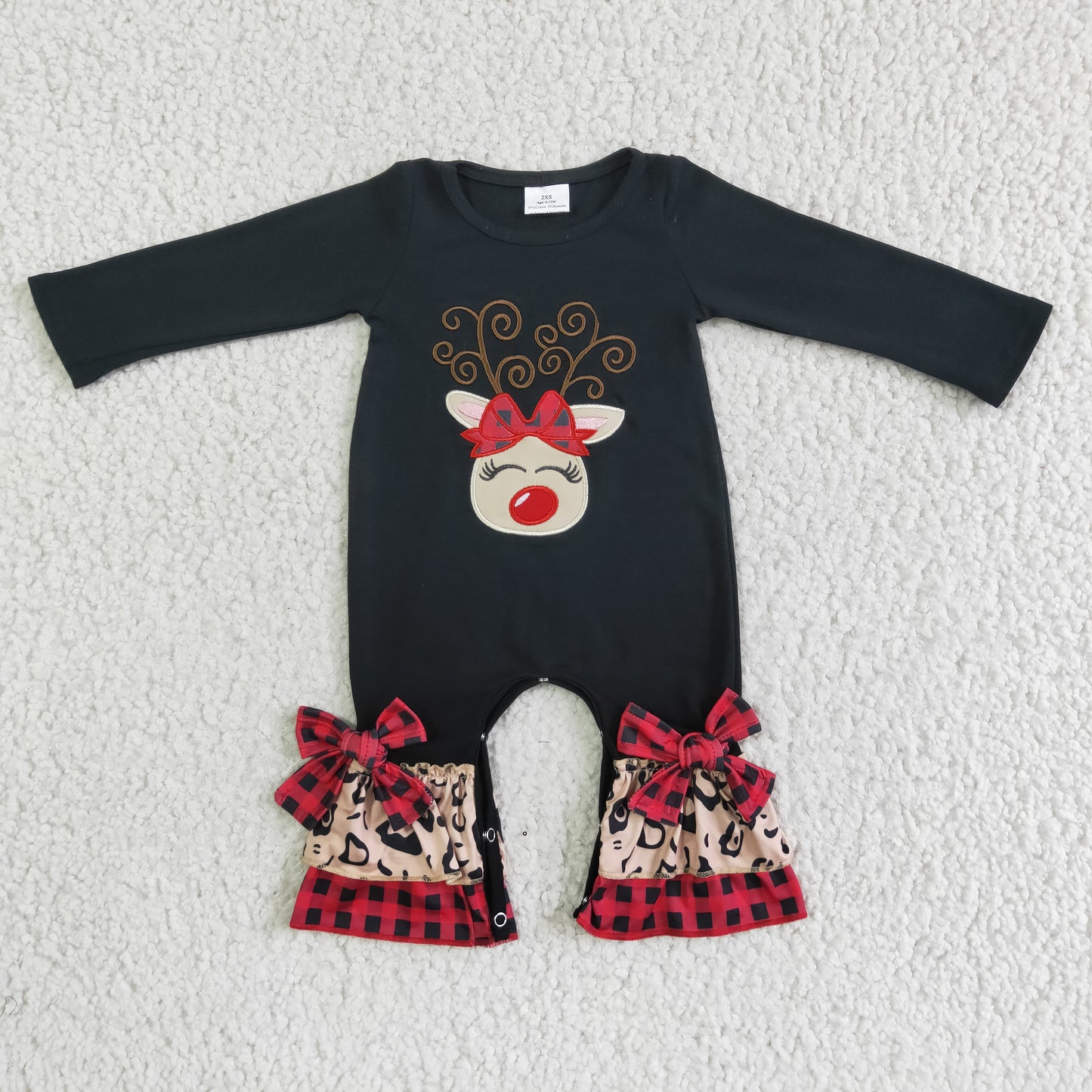 Christmas girl reindeer leopard print black long sleeve romper 0621 RTS
