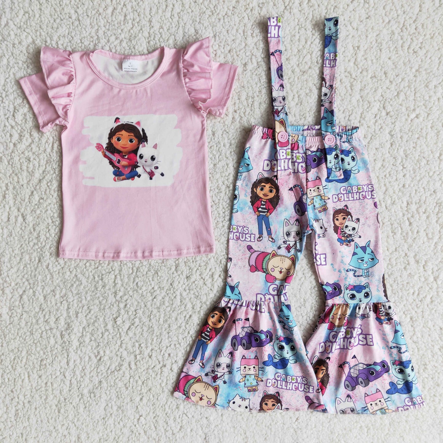 girl pink cartoon cats doll short ruffles sleeve overall outfits Jan 0105