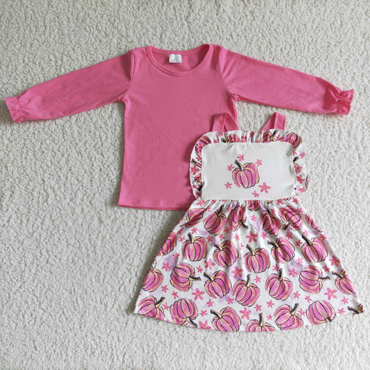 GLD0032 RTS long sleeve pink top halloween overall suspender pumpkin skirt dress girl outfit