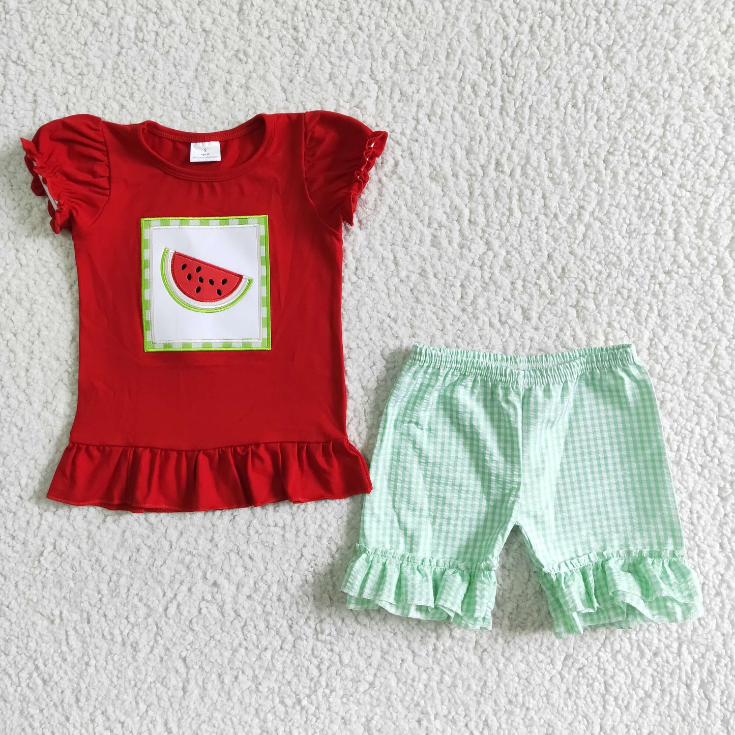 promotion price RTS A14-15 red watermelon shorts embroidery short sleeve green plaid shorts girl clothes outfit