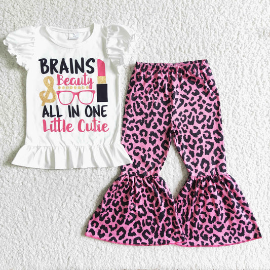 RTS brains beauty lipstick hot pink leopard short sleeves leopard bell bottom pants girl clothes real pic 0615