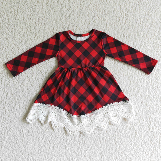 GLD0024 RTS long sleeve red black plaid lace ruffle girl dress 20230511