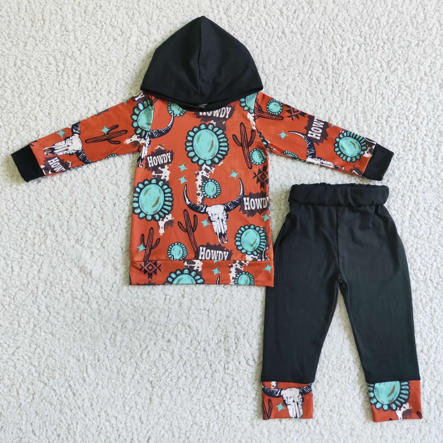 promotion BLP0031 RTS 0722 brown cow gem long sleeve long black pants boy hoodie outfit