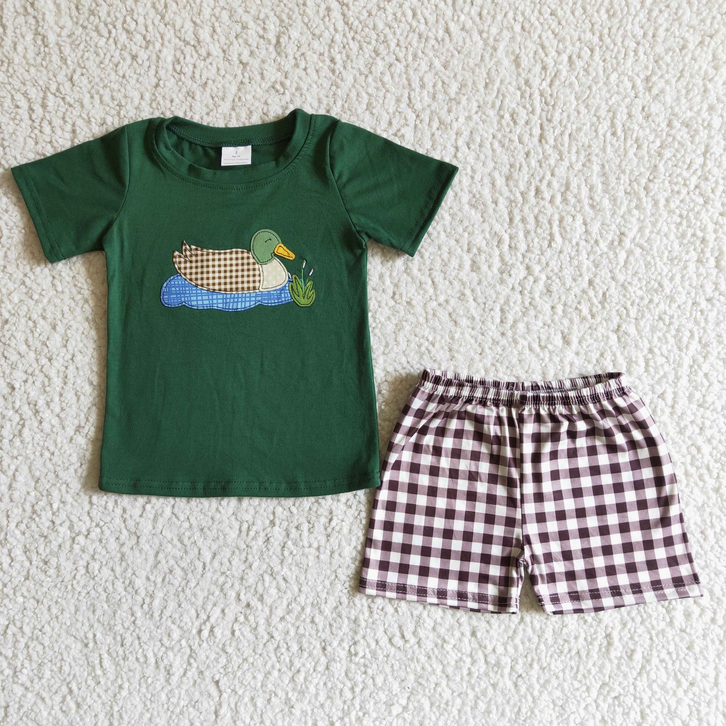 dark green top duck embroidery top plaid boy shorts set short sleeve shorts girl outfit 0406