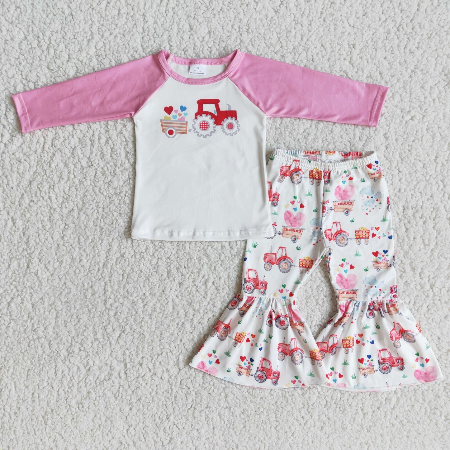 valentine letters tractor pattern pink long sleeve grass cloudy bell bottom pant girl outfit Jan 0102