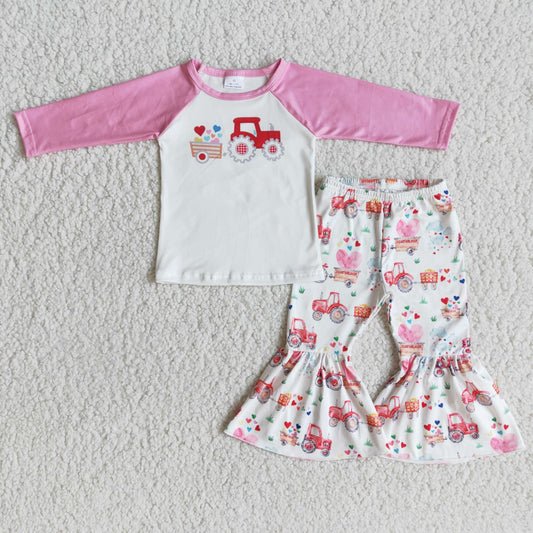 valentine letters tractor pattern pink long sleeve grass cloudy bell bottom pant girl outfit Jan 0102