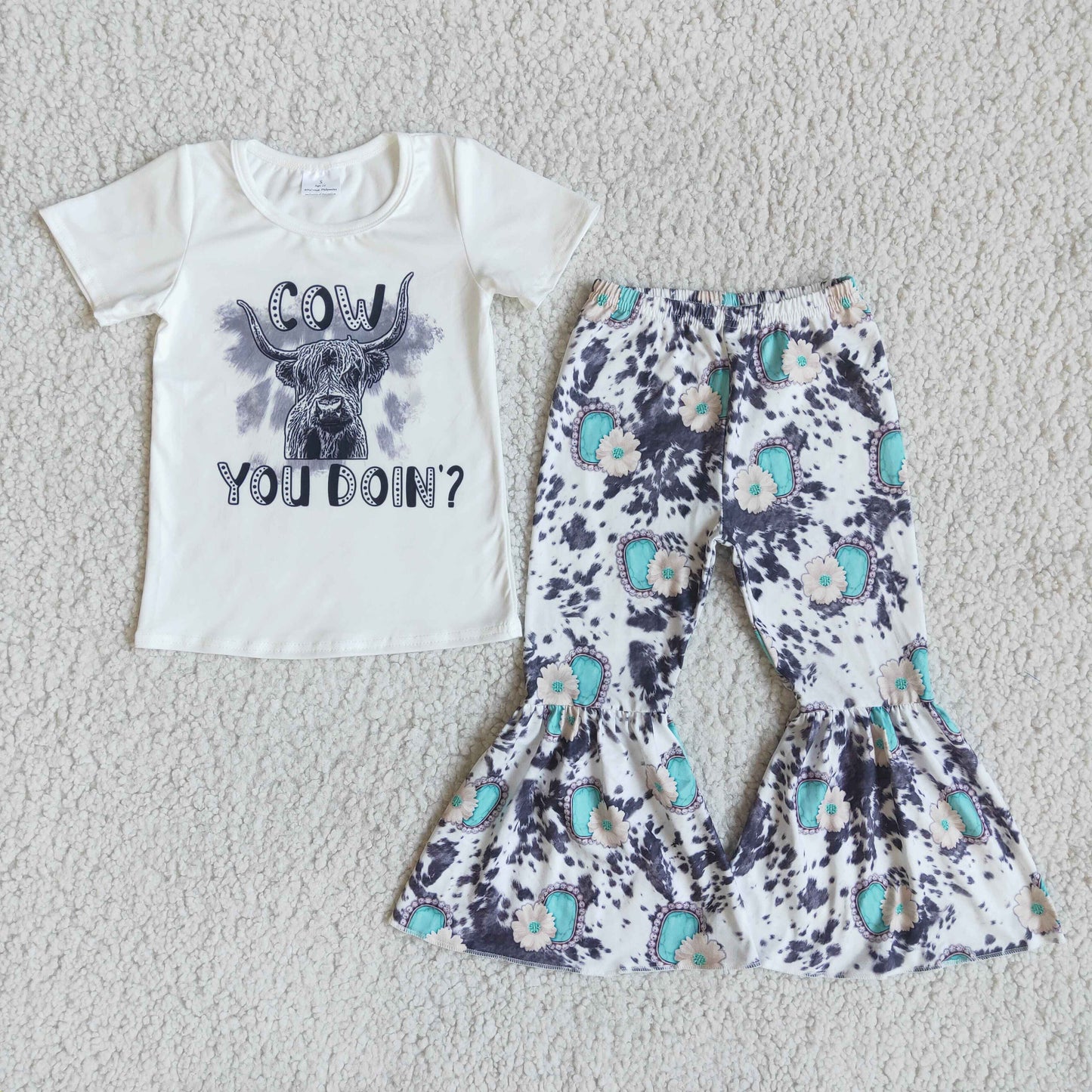 20230224 cow letters white short sleeve bell bottom pant girl outfit preorder