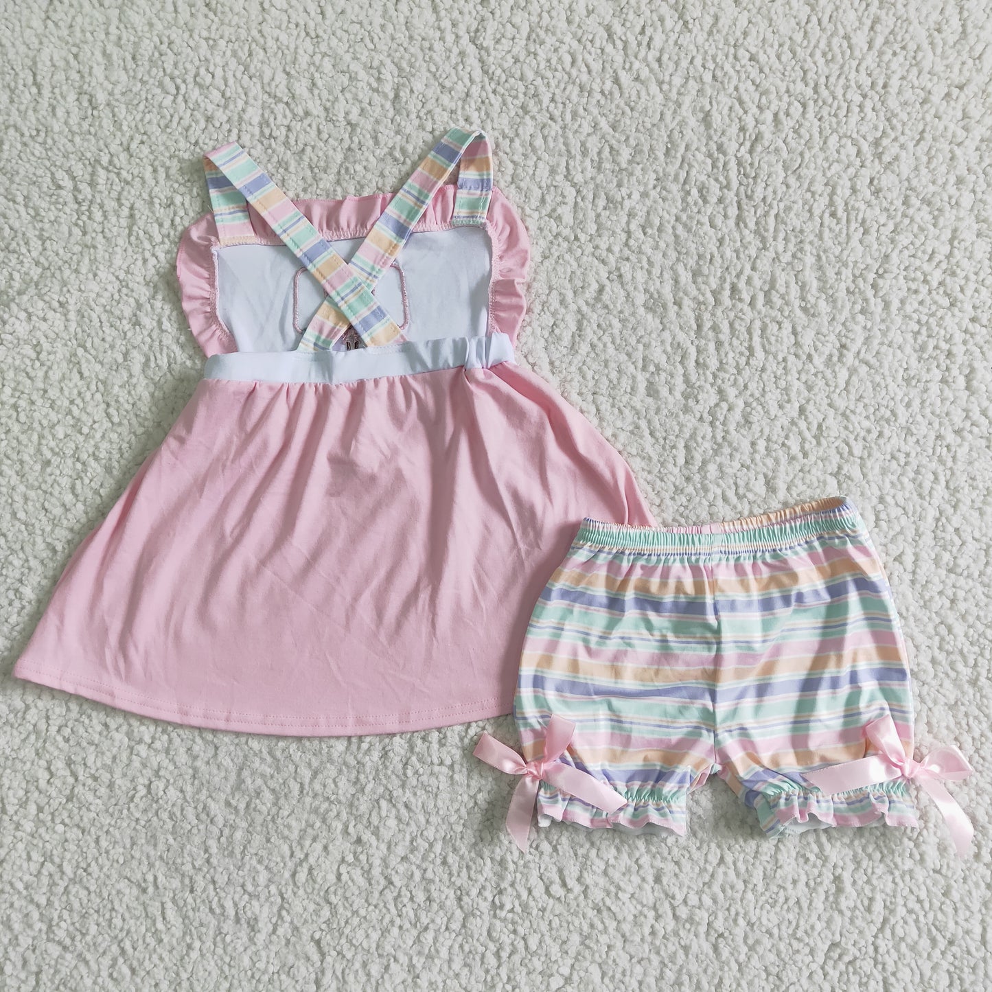 Embroidery ice cream popsicle print pink top shorts colorful stripe outfit bow 0331