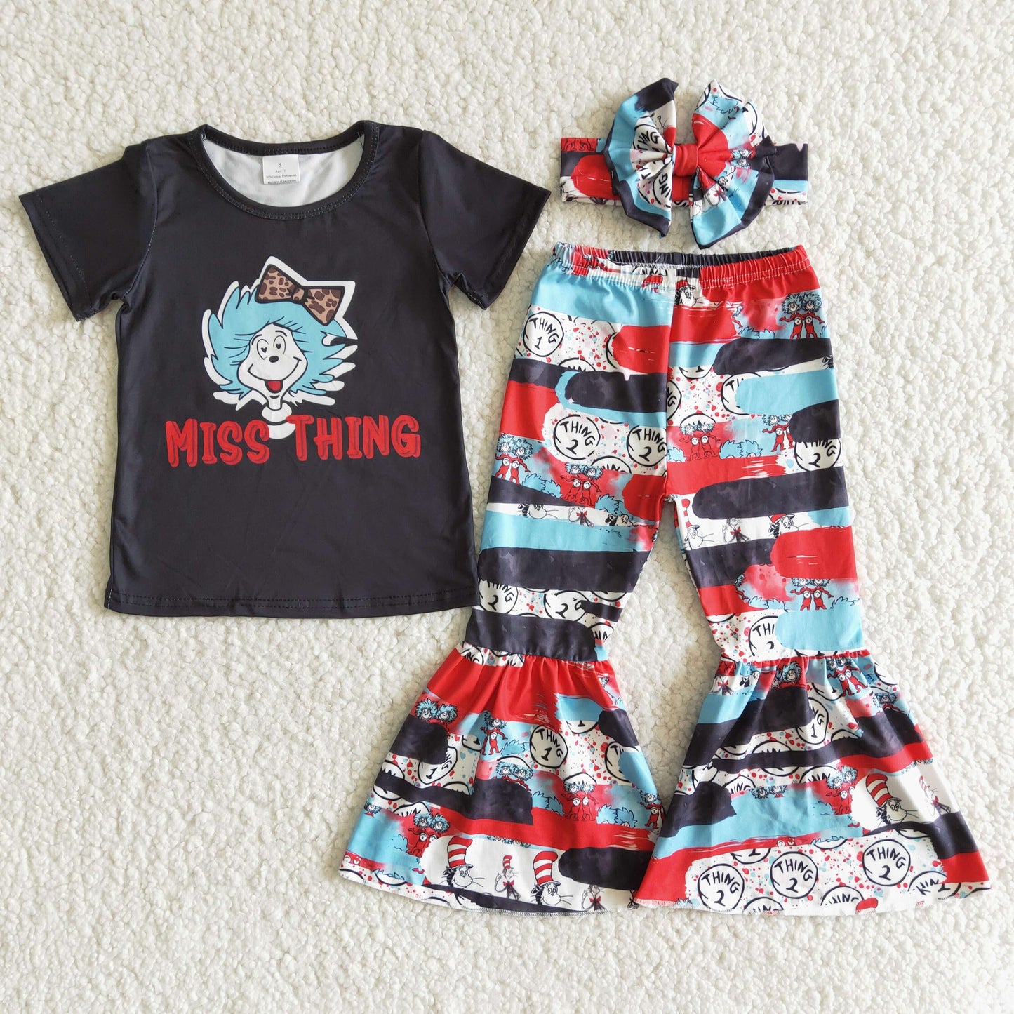 E6-12 miss thing reading cartoon cats short sleeve bell bottom girl outfit bow headband 3pcs outfit 20230221 RTS
