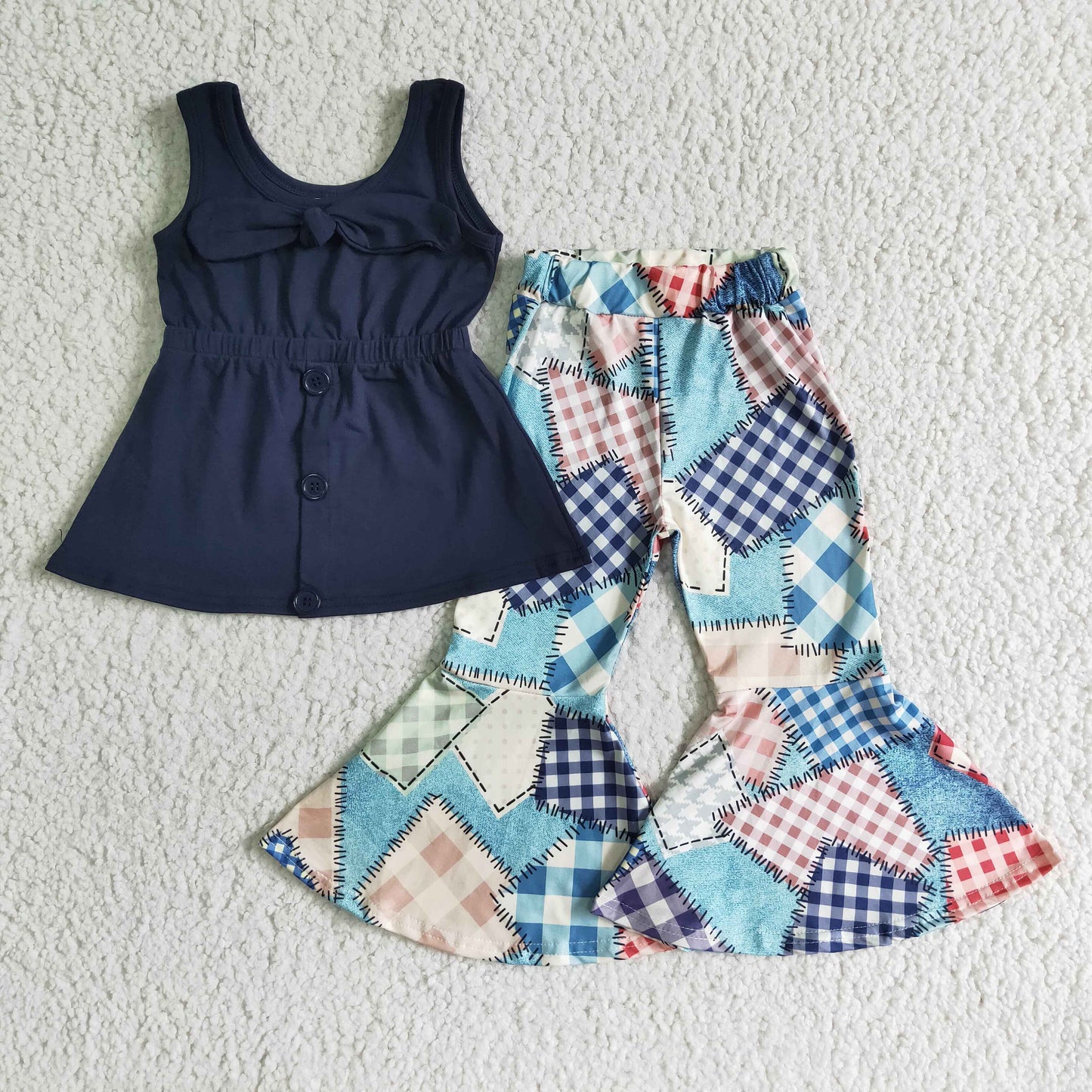 Promotion vest 0802 RTS shoulder straps top navy bow tunic sleeveless bell bottom pants outfits 0614 RTS