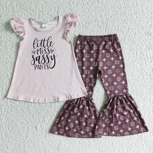GSPO0087 RTS little miss sassy pants puffy pink short sleeve bell bottom girl outfit 0614