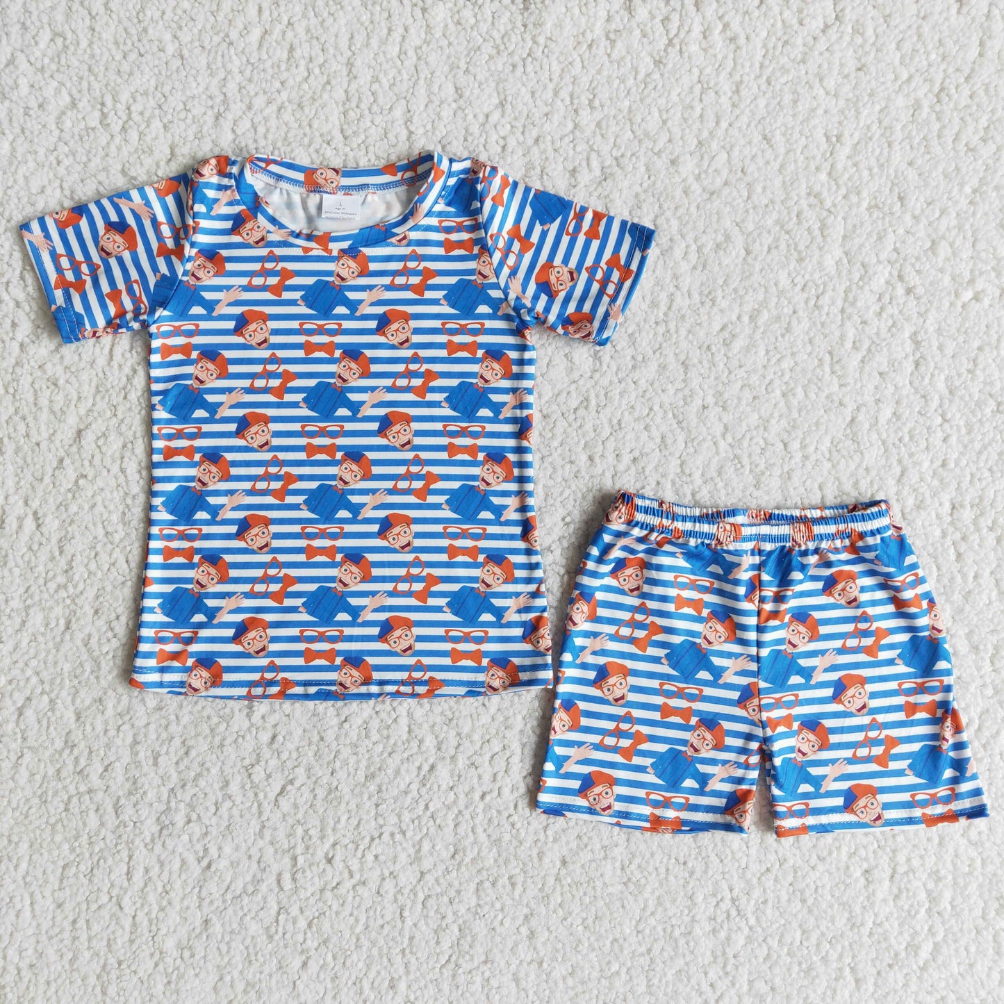 promotion cartoon blue white stripe boy short sleeve shorts outfits 0108