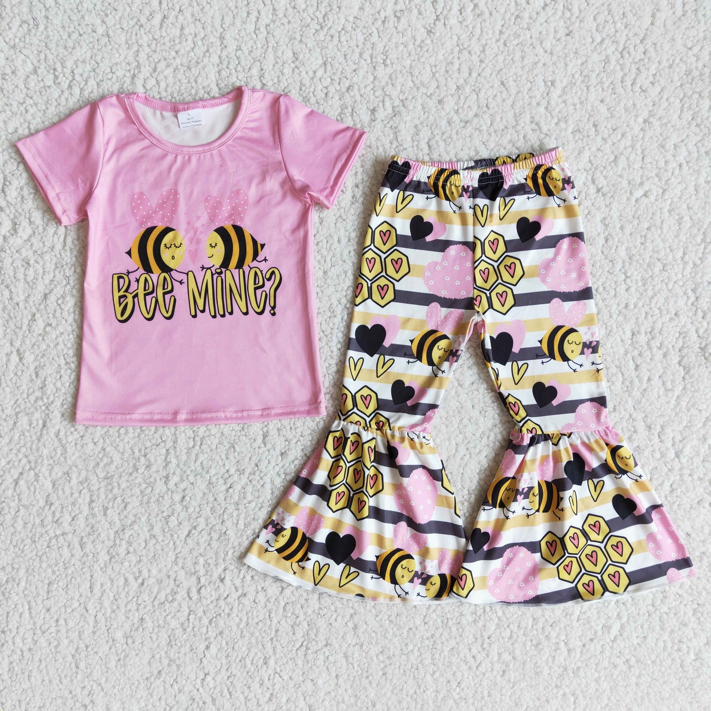 promotion pink stripe bee mine letters love short sleeve bell bottom girl outfits 0103
