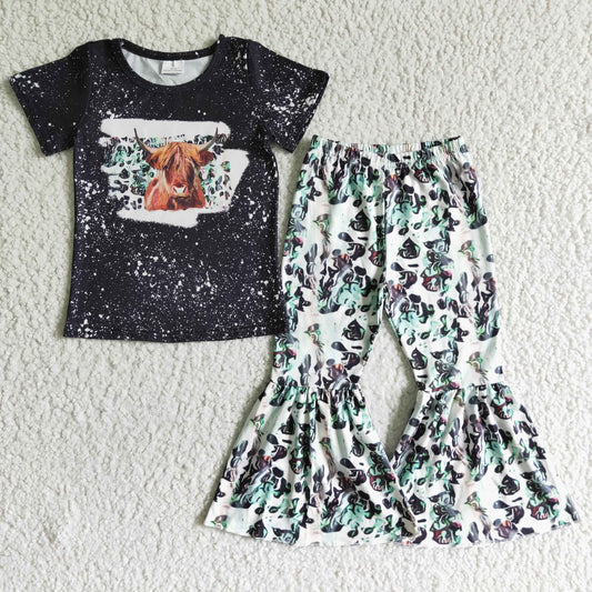 GSPO0108 RTS 0617 short sleeve black cow top bell bottom cowboy green print pants girl outfit