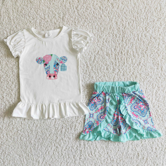Promotion RTS A4-12 2pcs howdy white floral cow summer girl ruffle shorts outfits 0406