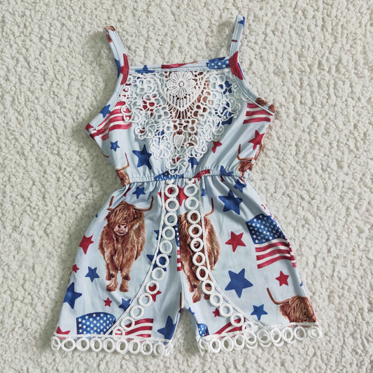 SR0053 RTS white lace yak cow blue red star 4th July America print girl sling overall 0831