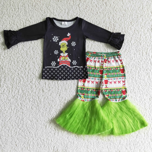 GLP0152 RTS fur Christmas green cartoon black long sleeve green grin fluffy pants girl outfit 0830