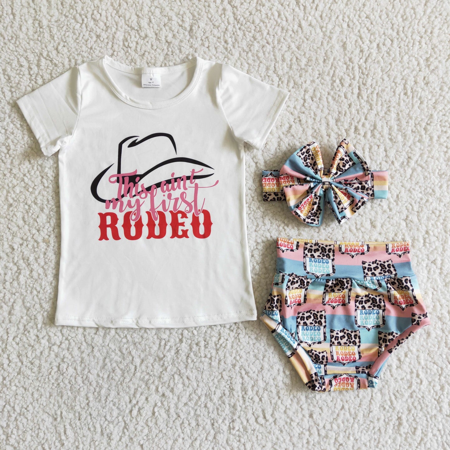 promotion GBO0023 RTS choose headband first western rodeo hat print white top short sleeve cow print bummies shorts 3pcs girl outfits 0404
