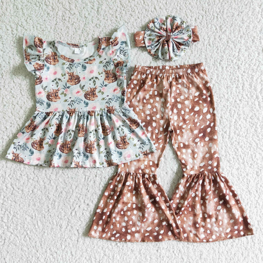 GSPO0077 RTS 3pcs pink flower deer puffy short sleeves brown bell bottom pants girl outfit