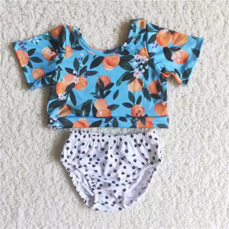 Peach print blue top black dots print girl swimwear 0323