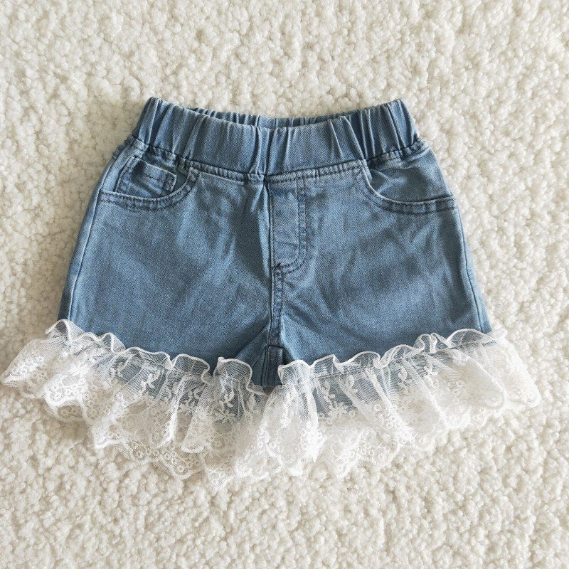 C7-20 RTS girl lace elastic waist ripped denim shorts