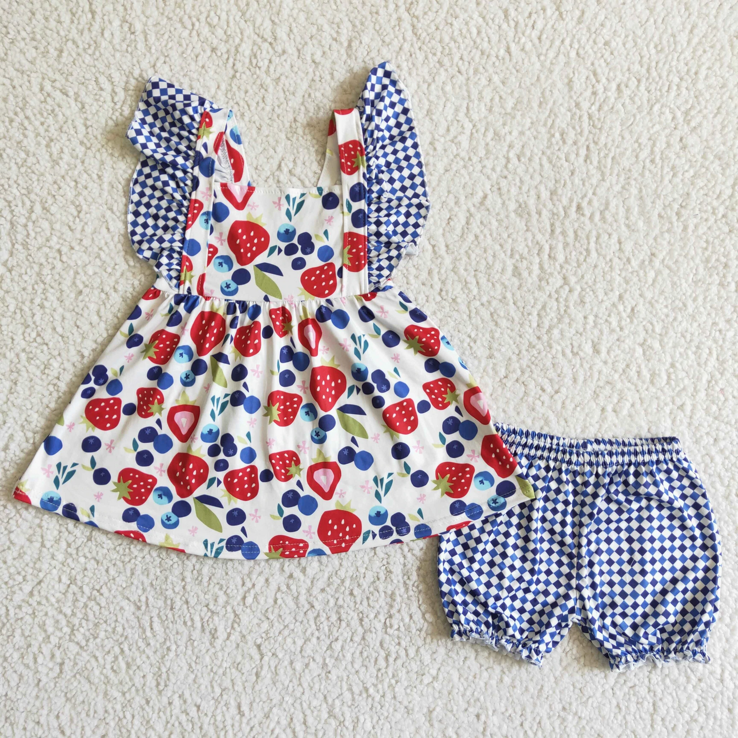 promotion C3-27 fruit strawberry short sleeve girl summer outfit Blue Gingham Strawberry Set RTS