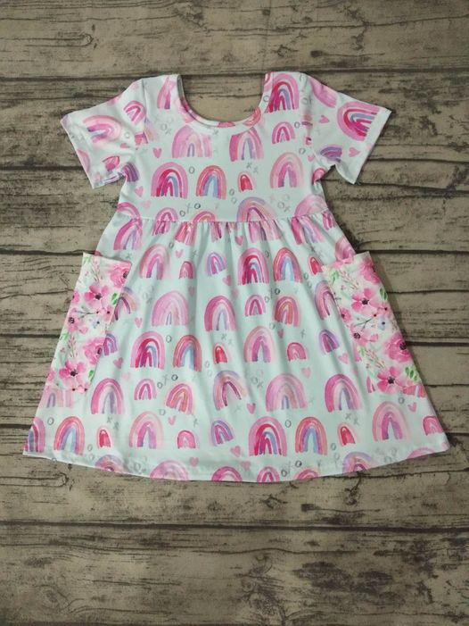 CUSTOM MOQ5 pink rainbow flower pocket short sleeve girl dress 0513