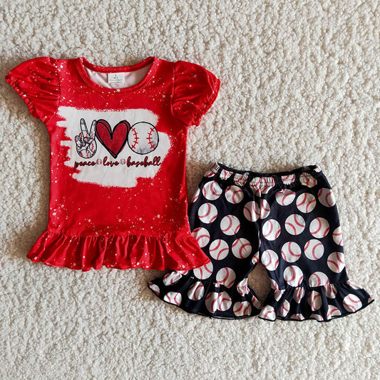 Promotion Peace love Baseball bleaching ruffles short sleeves top short pants set 202506 RTS