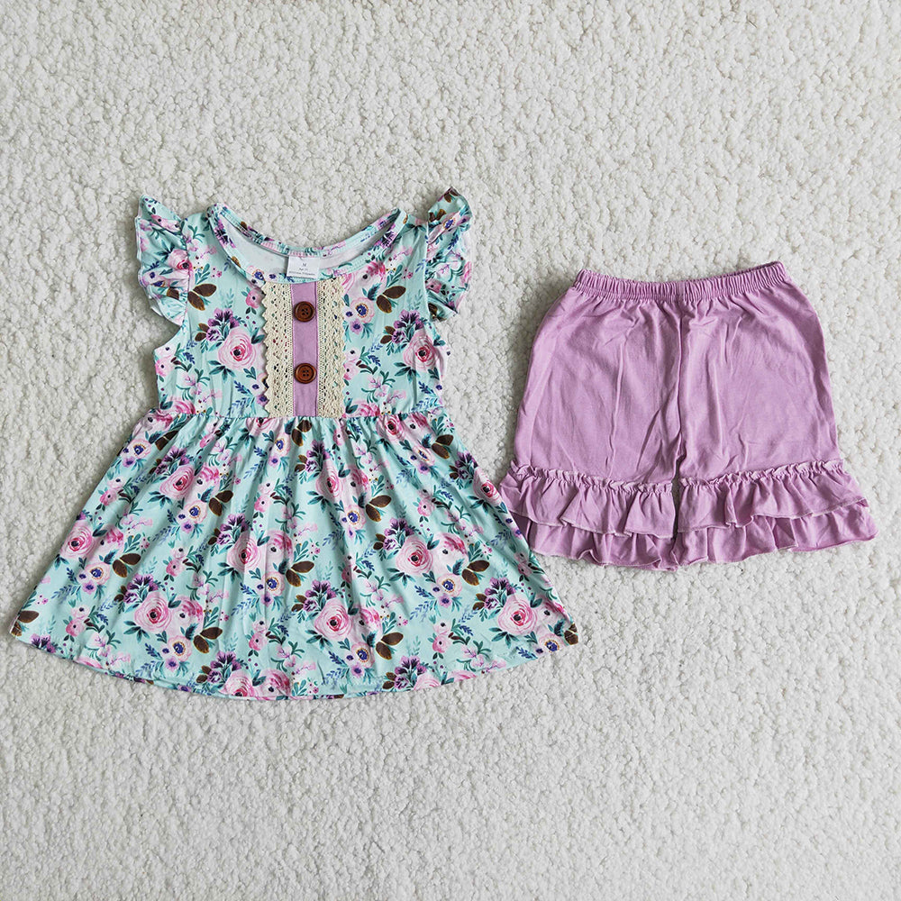 RTS pink floral button lace puffy purple ruffles shorts girl clothes 0513