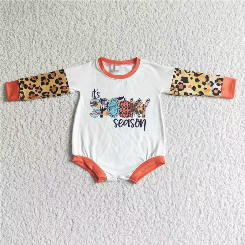 promotion RTS LR0029 orange pumpkin leopard spooky season long sleeves gem girl romper 0823