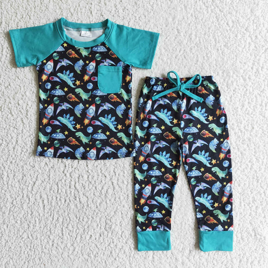 BSPO0024 green dinosaur short sleeve long jogger pants baby boy pajamas outfit 1025 RTS