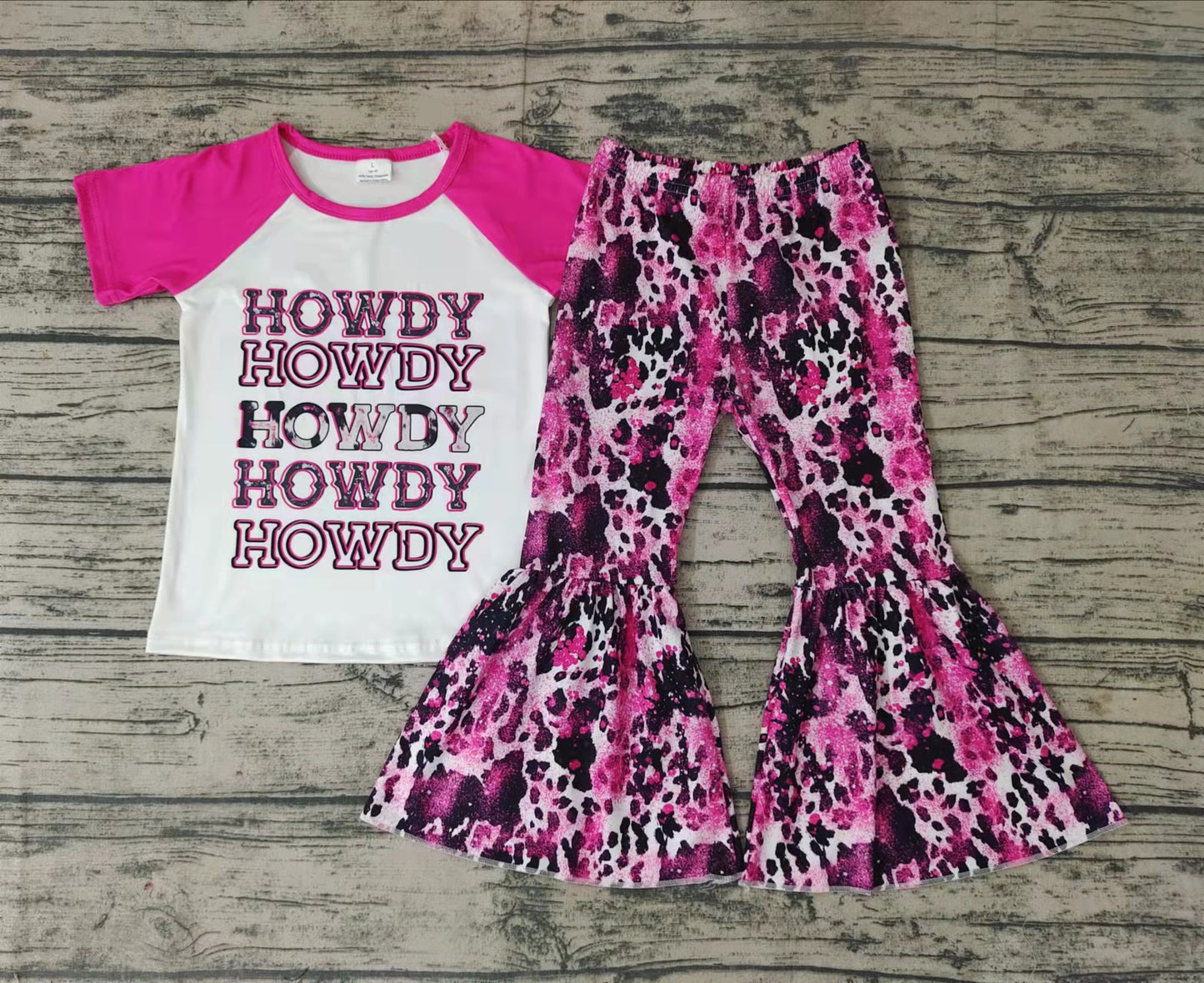 GSPO0018 Preorder short sleeve Howdy hot Pink leopard bell pants girl summer clothes outfit 0506