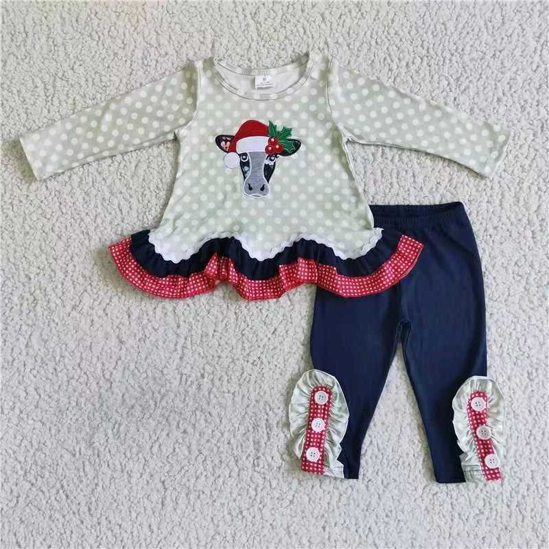 GLP0036 christmas cow embroidery ruffles long sleevegirl outfit RTS