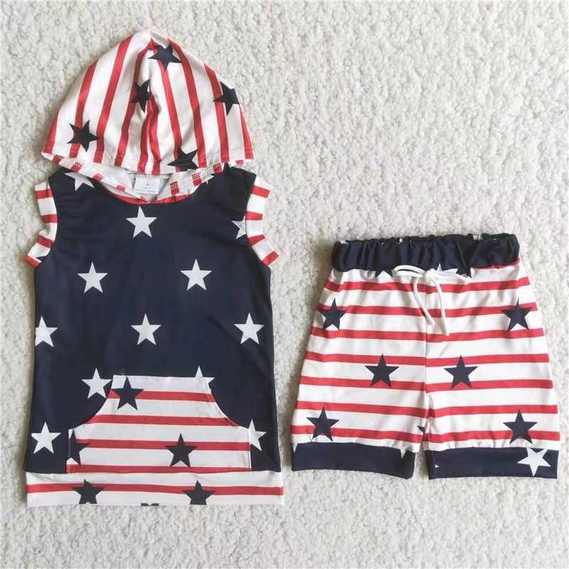 promotion C14-23 RTS 4th july red stripe star print hoodies shorts boy outfit 202405 RTS