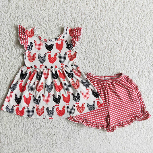 promotion RTS A3-22 Chicken pattern puffy red plaid girl short sleeve shorts outfits