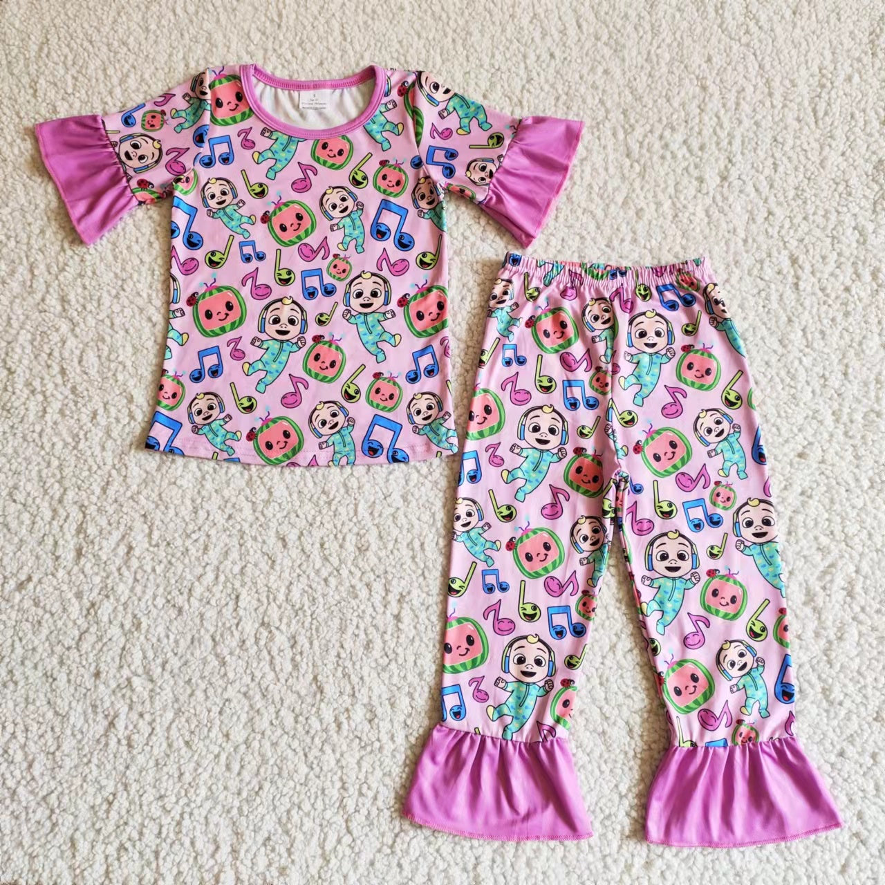 promotion B1-12 cartoon watermelon purple ruffles girl short sleeve pajamas