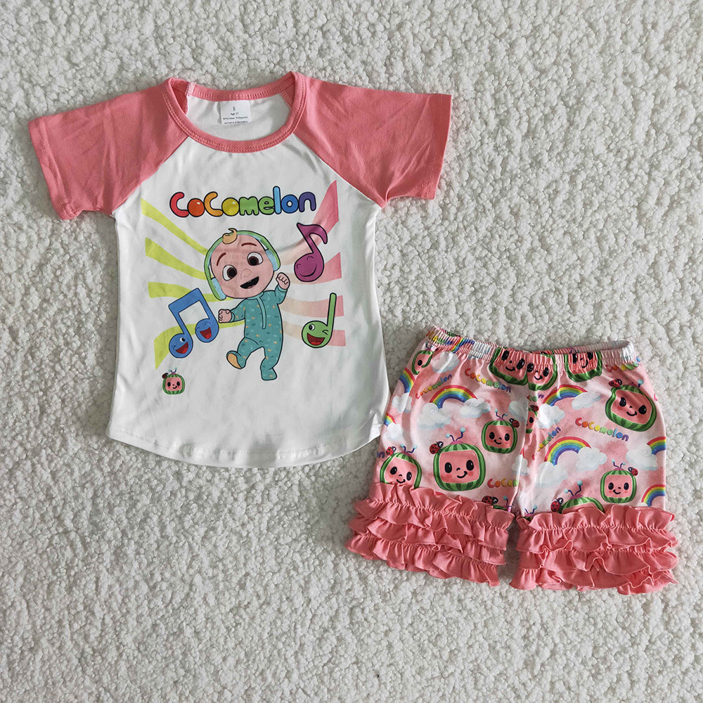 promotion price B12-22 pink ruffles cartoon short sleeve shorts