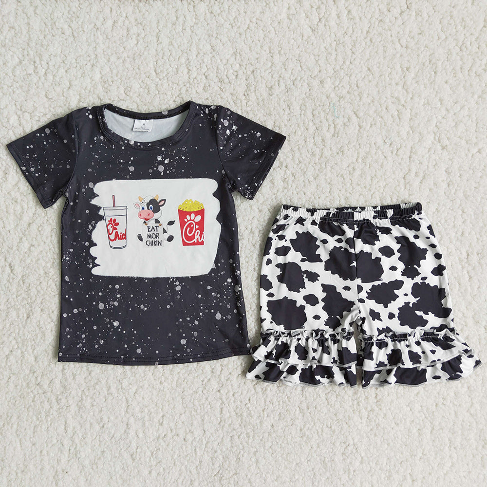 Cow chick black top ruffles cow shorts girl outfit 0618 RTS