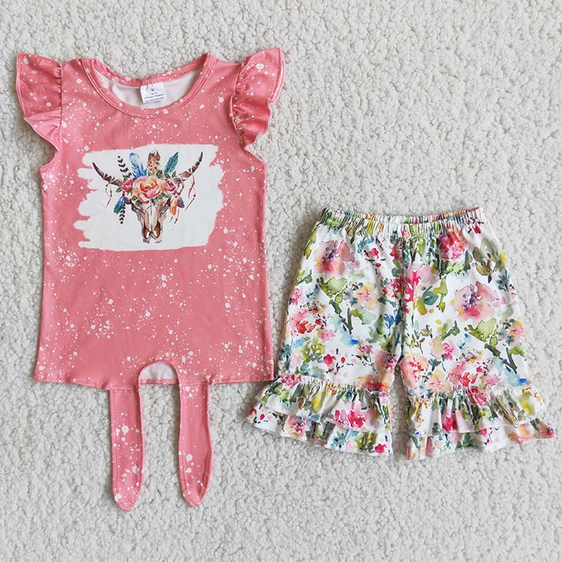promotion RTS B16-1 Cow head pink bleaching top ruffles floral short pants set
