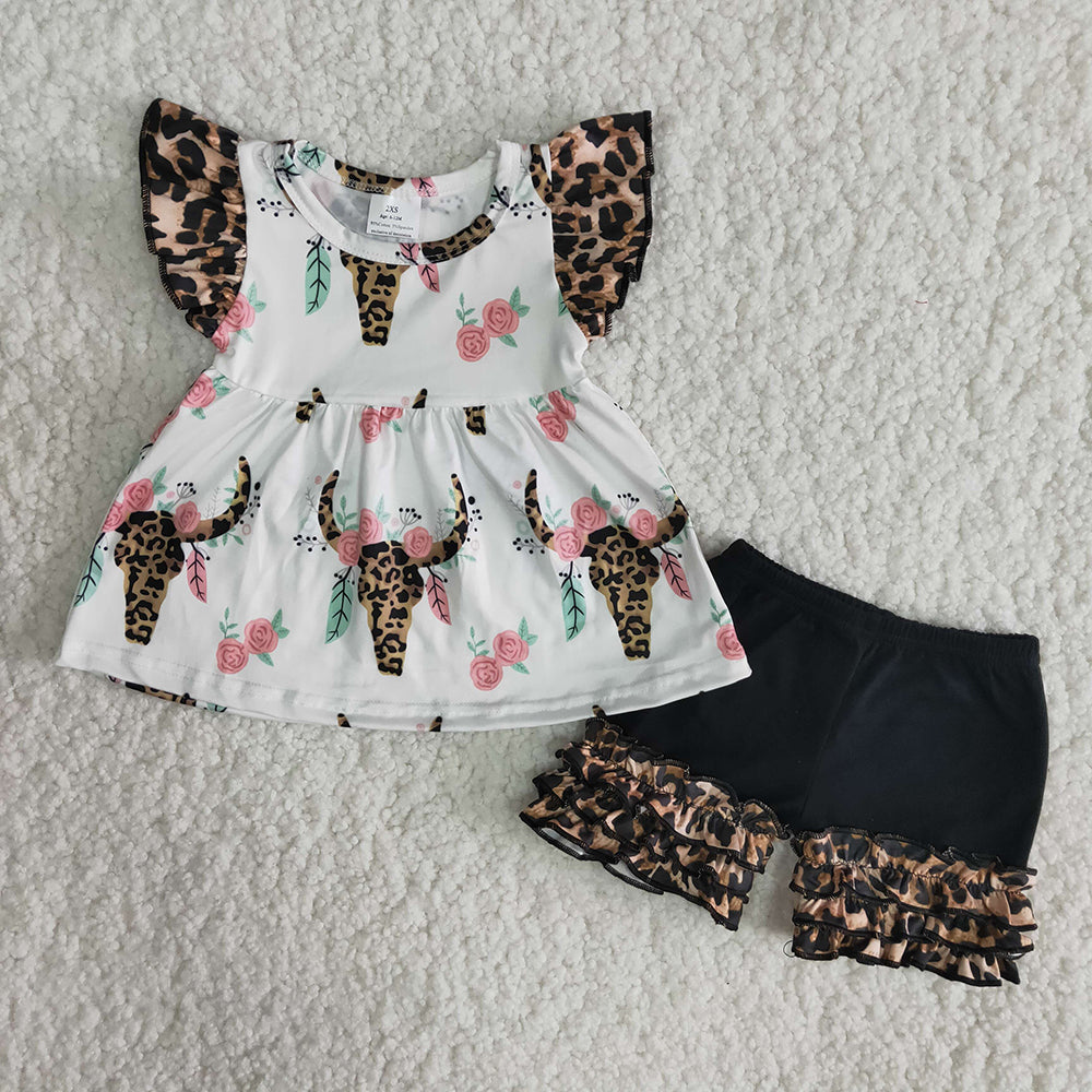 promotion A18-1 Cow head puffy leopard print black ruffles short sleeve shorts girl outfit 20230429 RTS