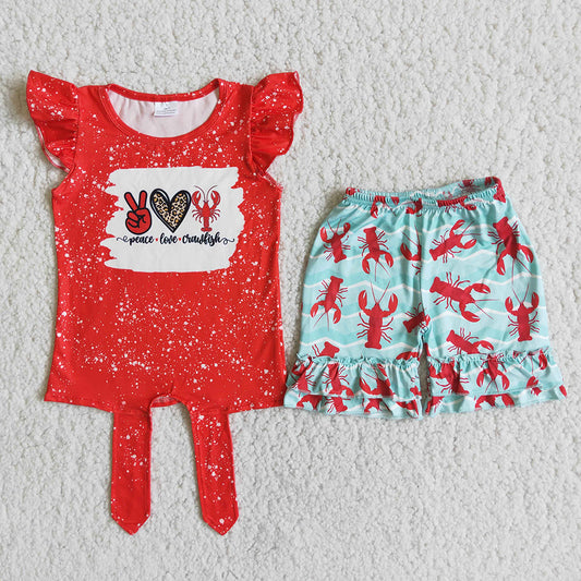 promotion RTS D12-13 Peace love crawfish red bleaching top ruffles short pants set 202404